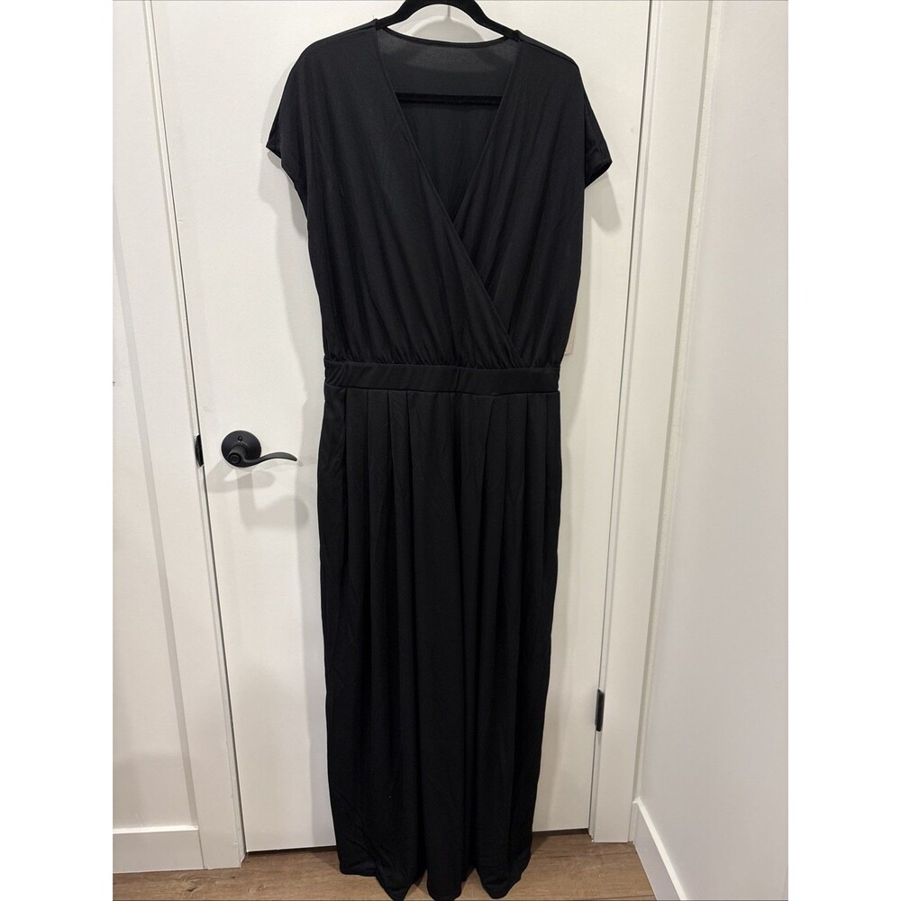 Hallara V Neck Short Sleeve Side Pocket Wide Leg Flowy Waffle Casual Jumpsuit